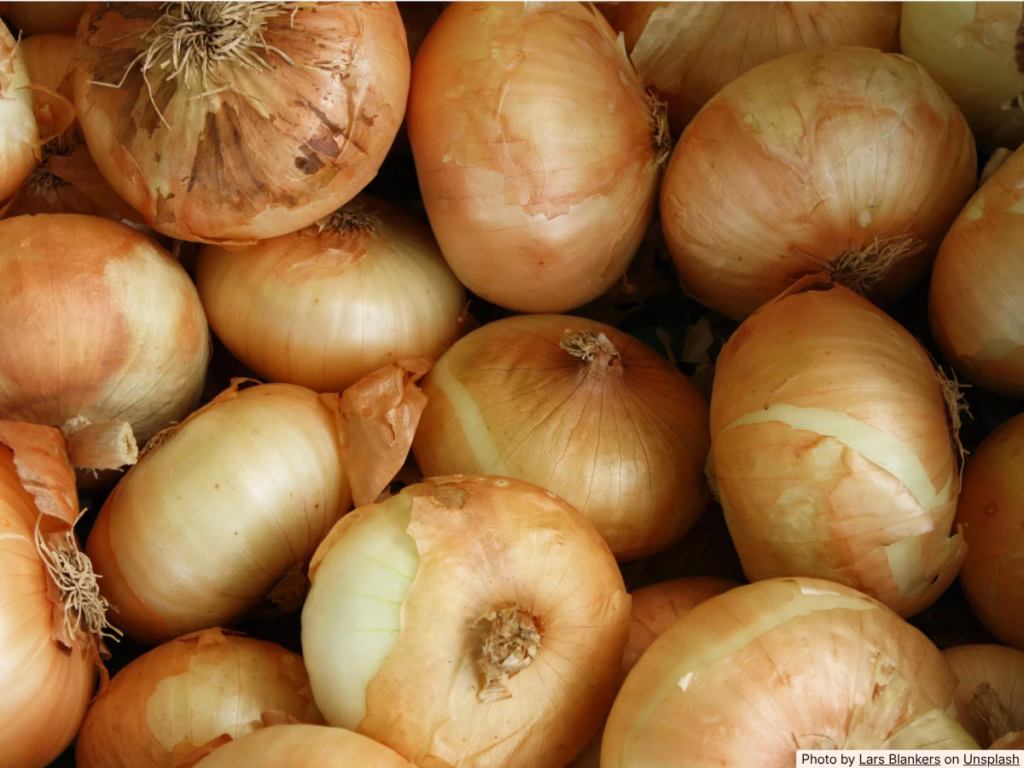 Whole Vidalia sweet onions with papery skin on a bright kitchen counter, natural light