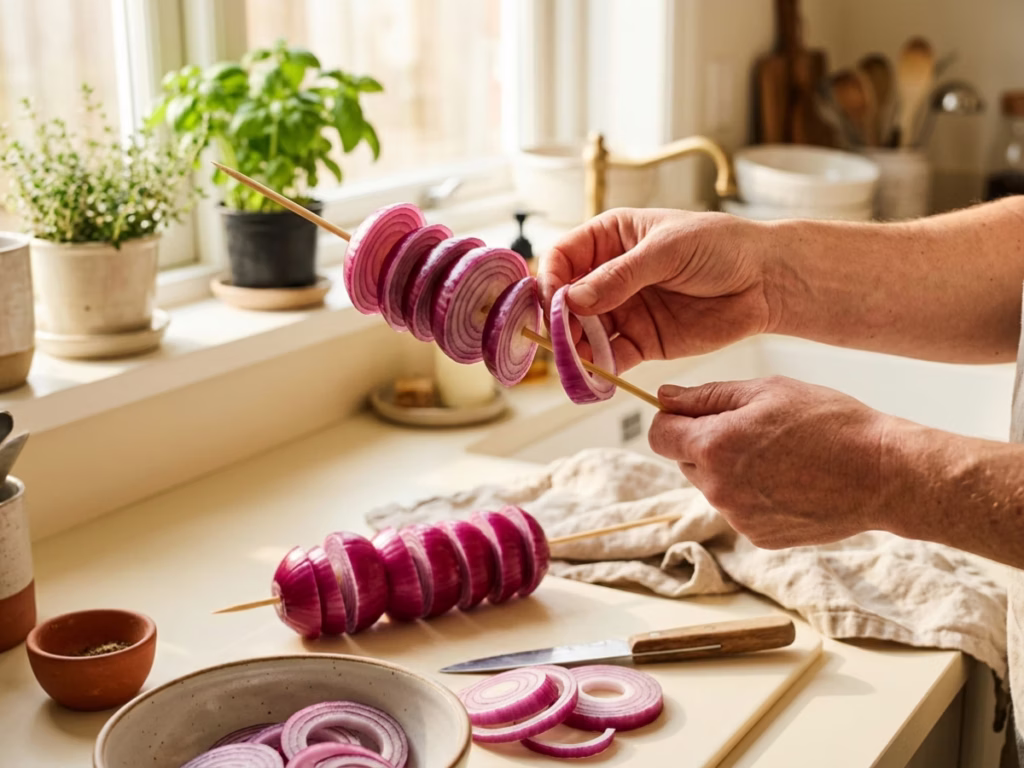 Hands threading thick red onion slices onto wooden skewers on a bright kitchen counter before grilling