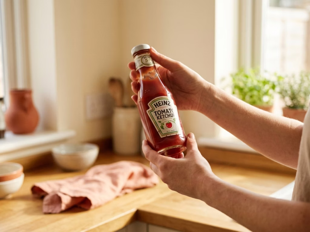 Hands holding an opened ketchup bottle close-up, inspecting it in bright kitchen light