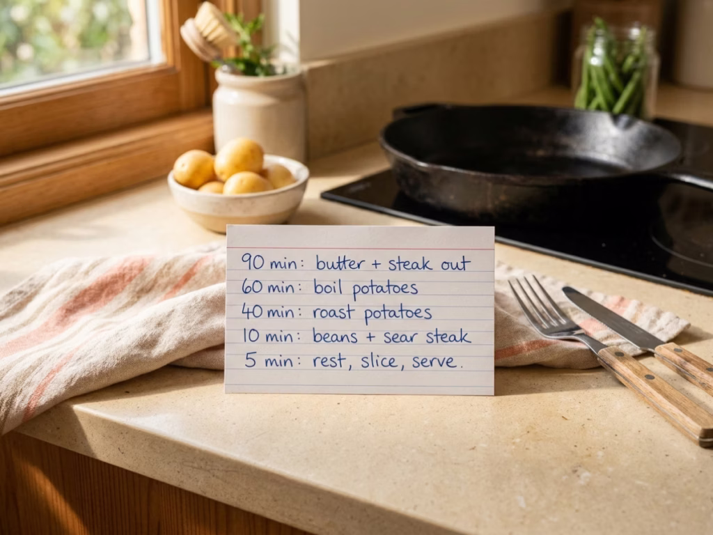 Handwritten Father's Day dinner timing plan on a notecard on a sunny kitchen counter beside a cast iron pan