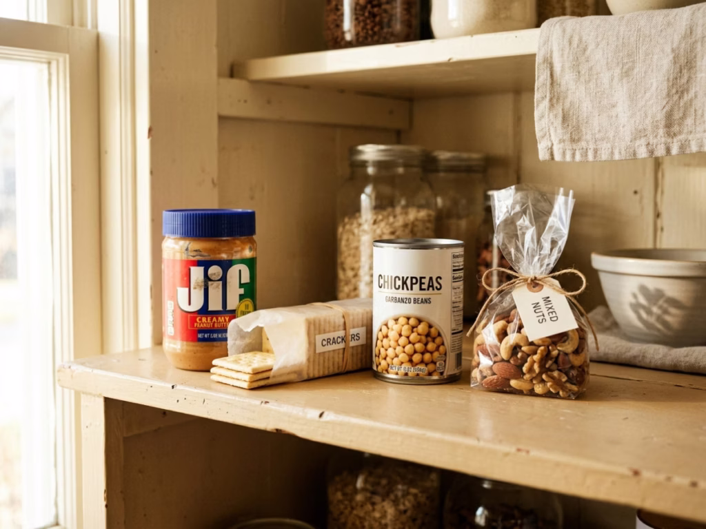 Open kitchen pantry shelf with peanut butter, crackers, canned chickpeas, and nuts