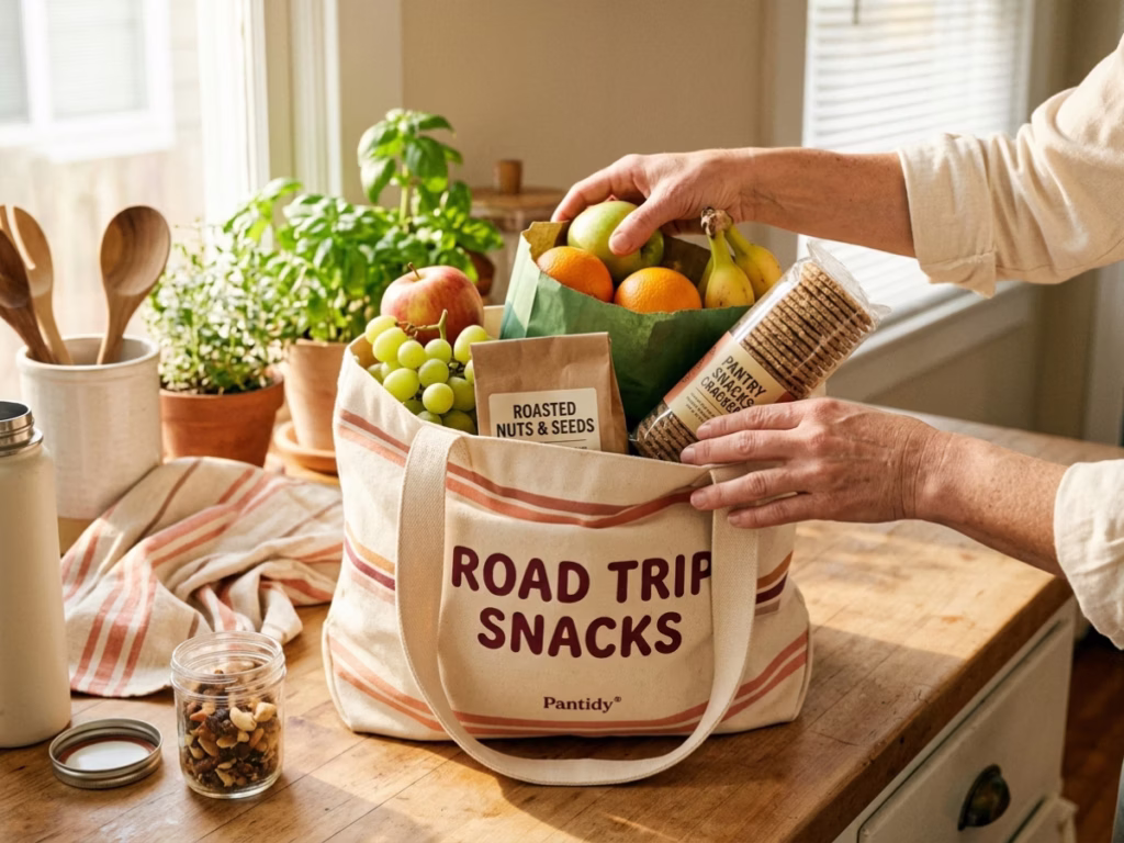 Hands packing healthy snacks into a reusable tote bag for a road trip