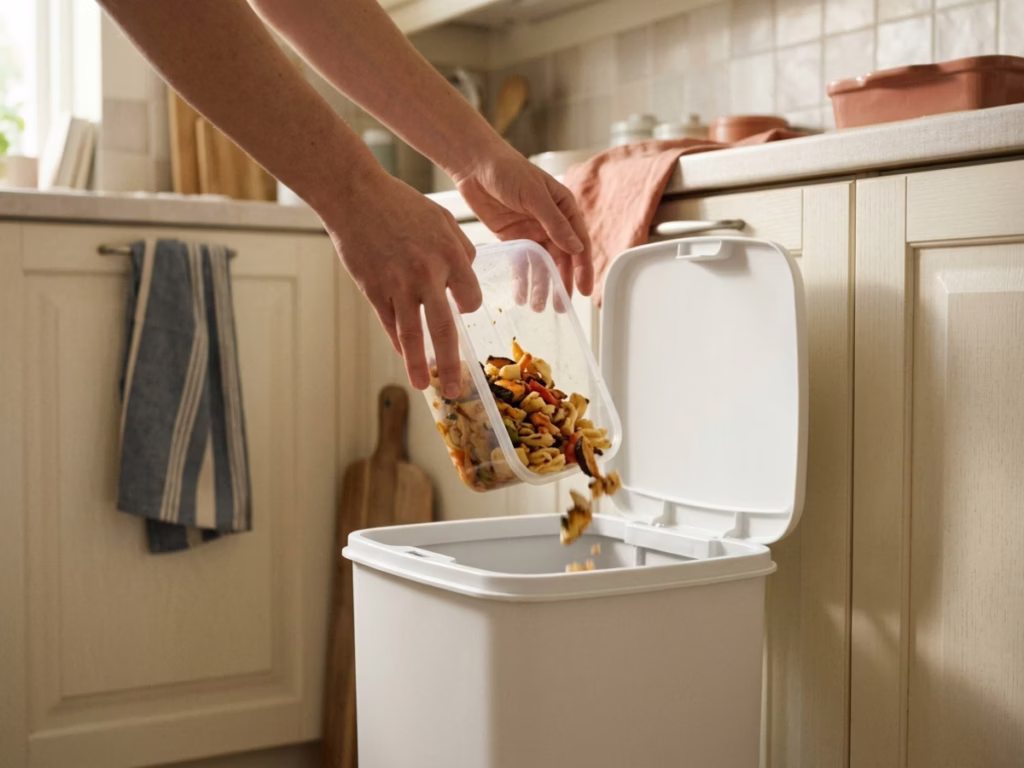 Person discarding leftover food into a kitchen trash bin