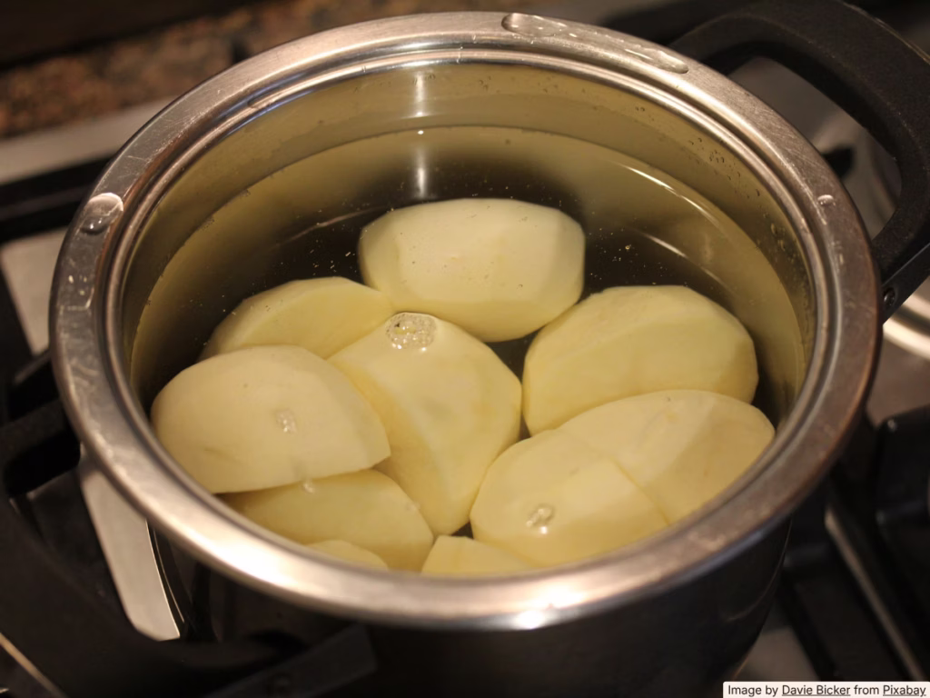 Close-up of boiled potatoes in a bowl, the real food safety risk in potato salad