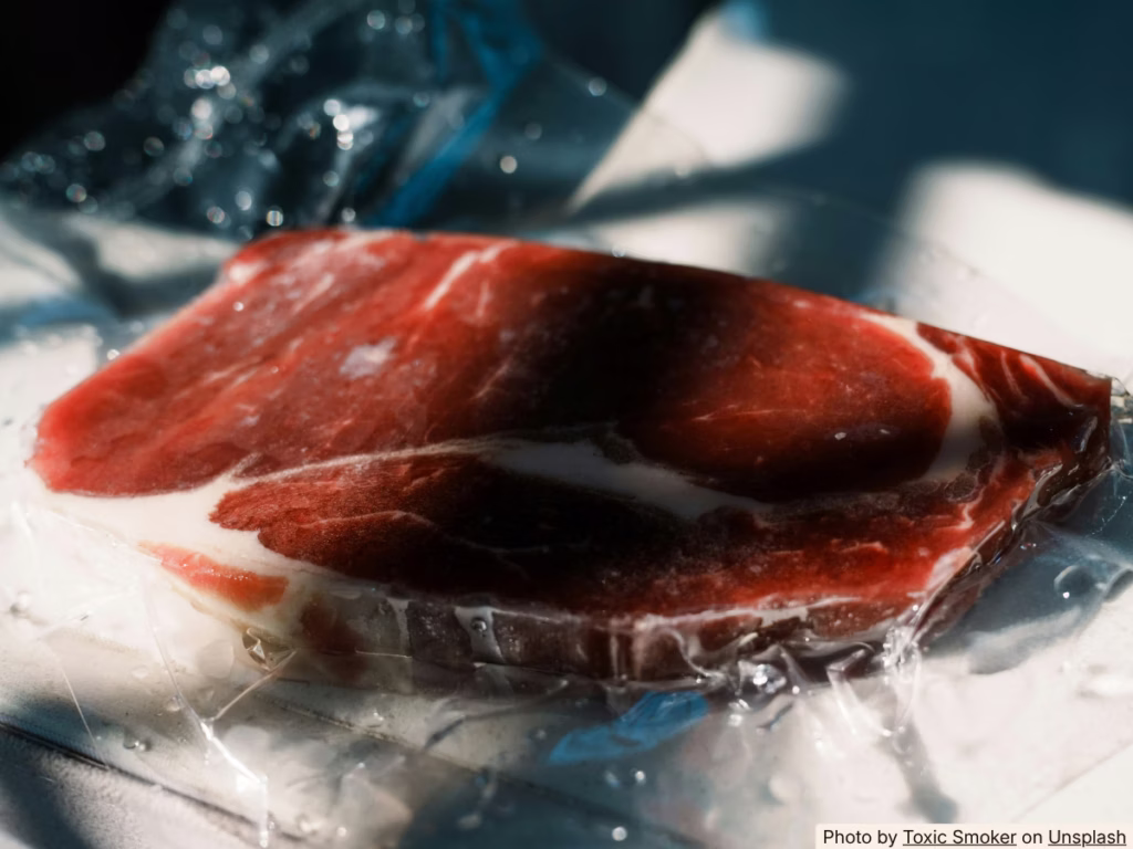 Hands pressing air out of a zip-lock bag with marinating steak on a bright kitchen counter