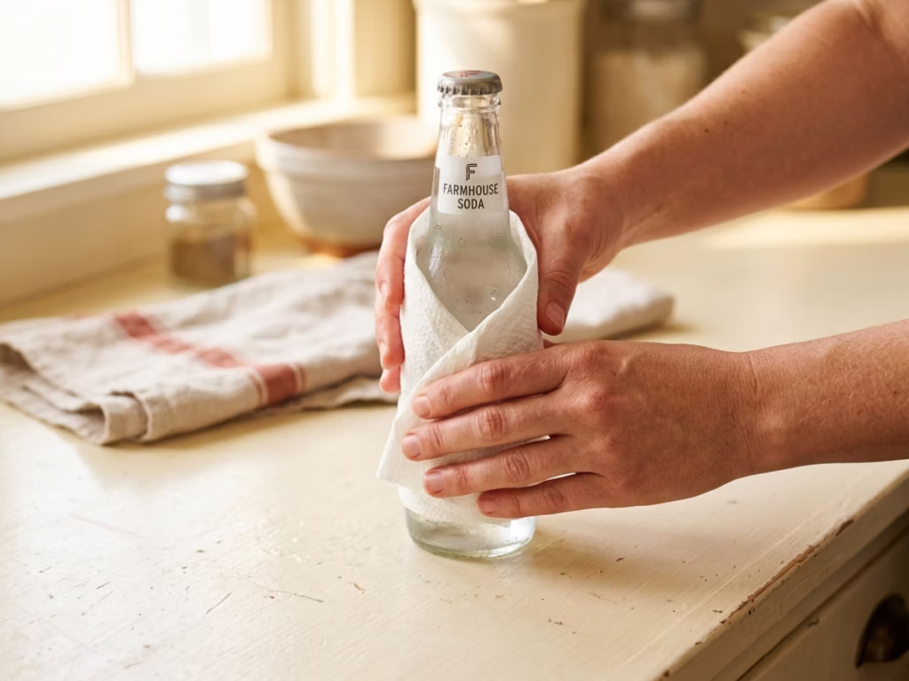 Hands wrapping a wet paper towel around a cold drink bottle before placing it in the freezer