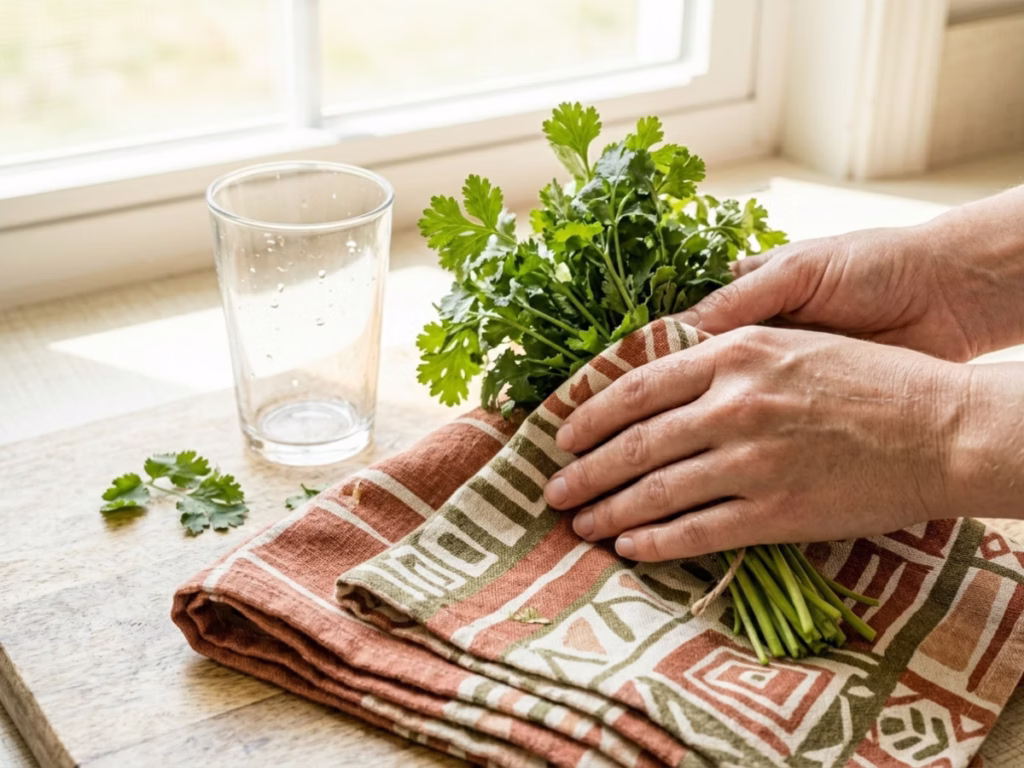 Revived cilantro being patted dry with a kitchen towel after an ice-water soak, bright green and upright again