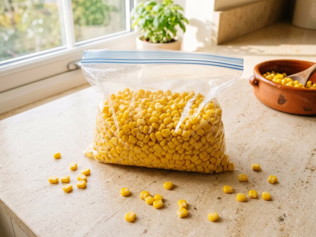 Fresh sweet corn kernels cut from the cob in a clear freezer bag on a kitchen counter, ready to freeze