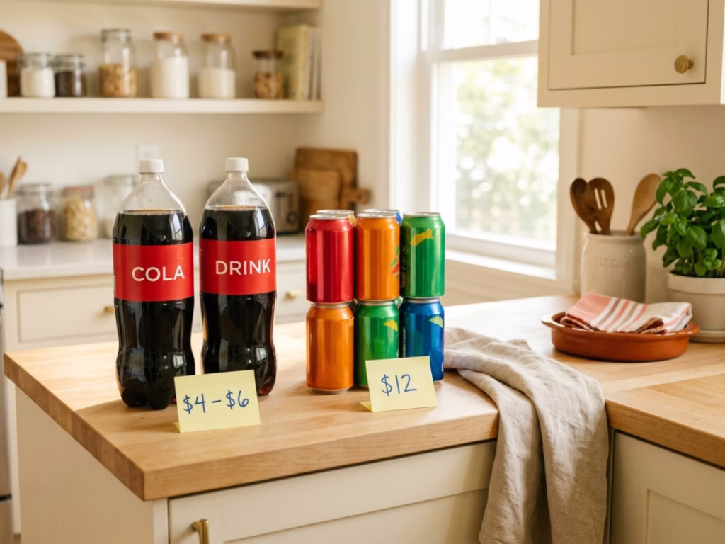 Two 2-liter soda bottles next to a stack of soda cans on a sunny kitchen counter with handwritten price labels