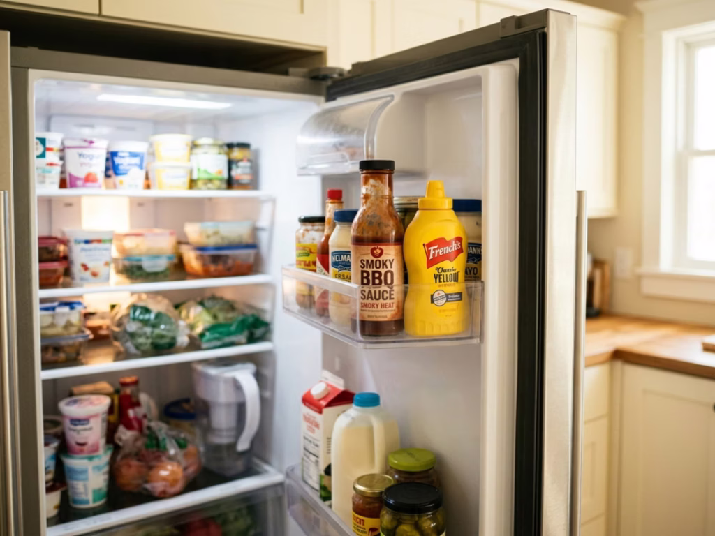 Open refrigerator door showing condiment shelf with BBQ sauce, mustard, and mayo. A pantry audit before grocery shopping