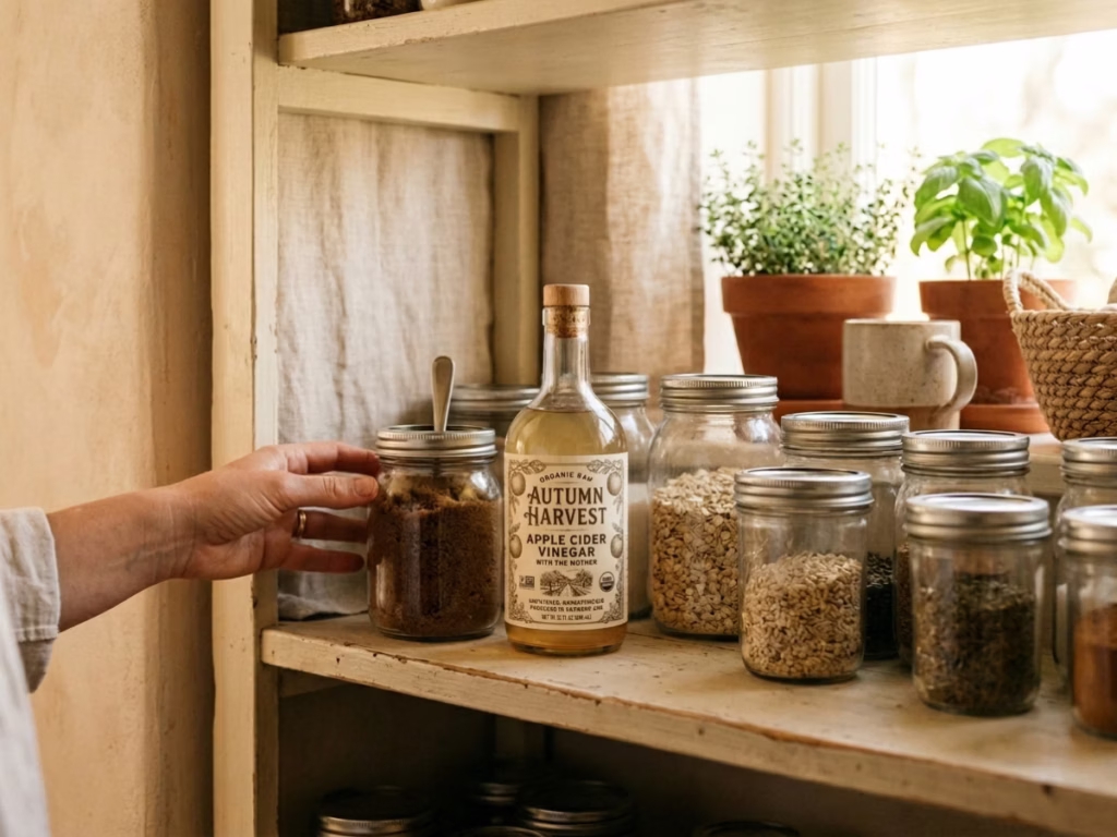 Pantry shelf with apple cider vinegar and brown sugar, check what you own before shopping for Juneteenth
