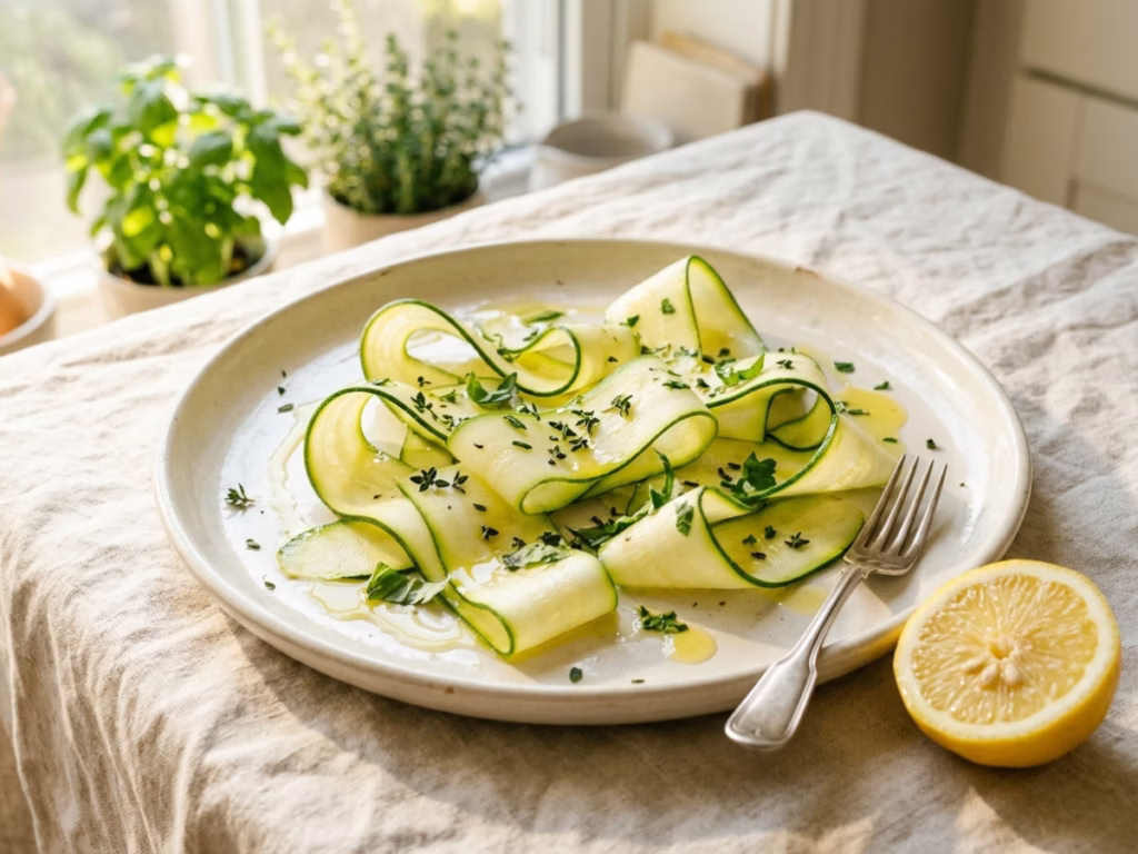 Thinly sliced zucchini carpaccio fanned on a white plate with lemon vinaigrette and fresh herbs
