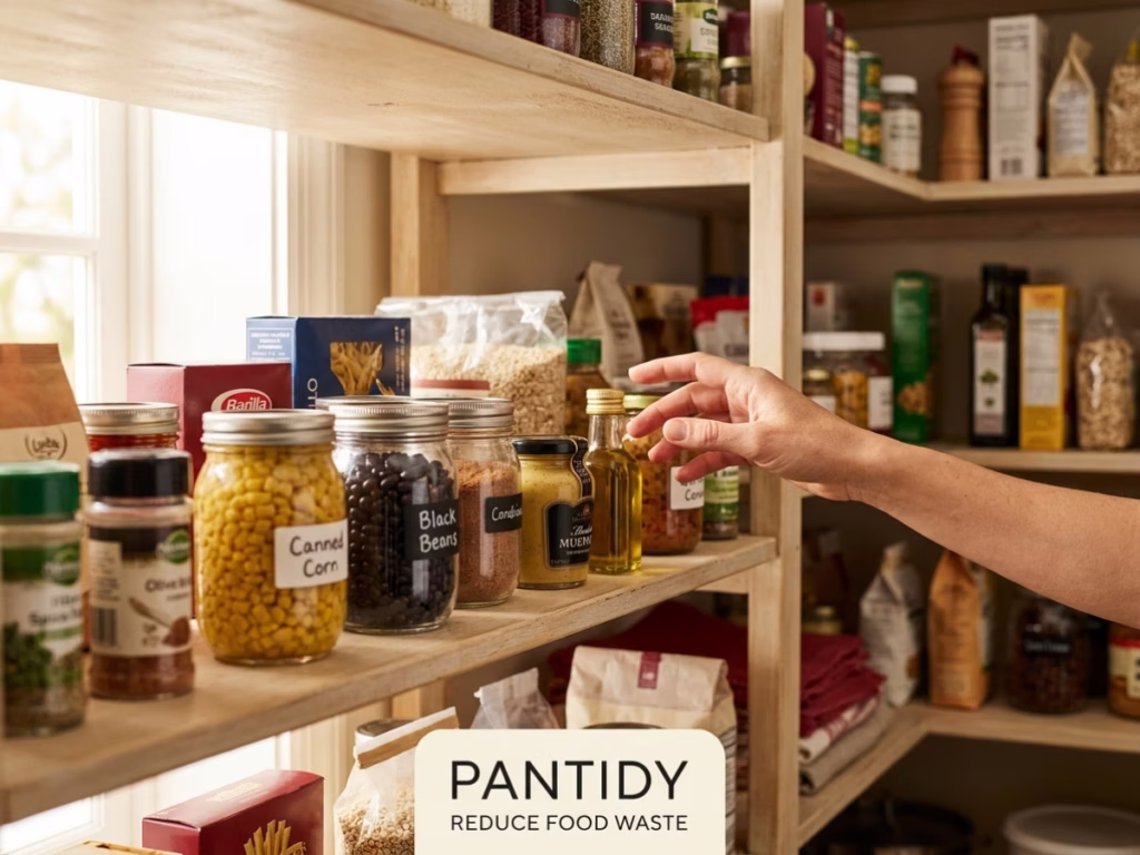 Open kitchen pantry shelf with canned goods, beans, and condiments visible before a grocery run