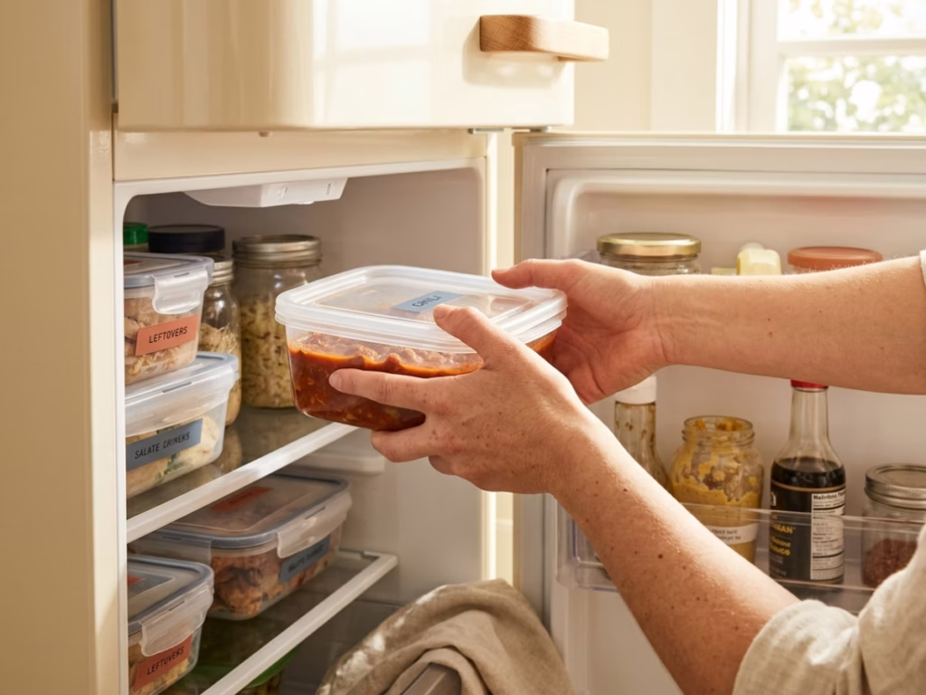 Hands removing food containers from refrigerator shelves during a fridge cleanout
