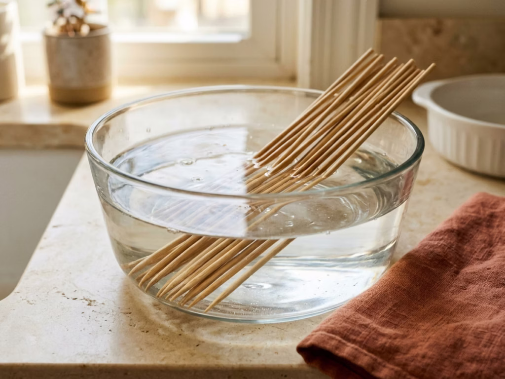 Wooden skewers soaking in a bowl of water on a kitchen counter before grilling, prep step for veggie kabobs