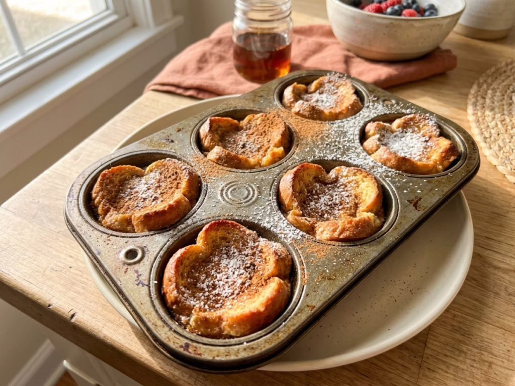 French toast cups baked in a muffin tin, golden and dusted with cinnamon sugar