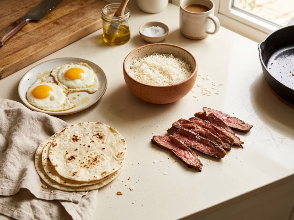 Leftover steak slices alongside eggs, tortillas, and a bowl of rice on a sunny kitchen counter