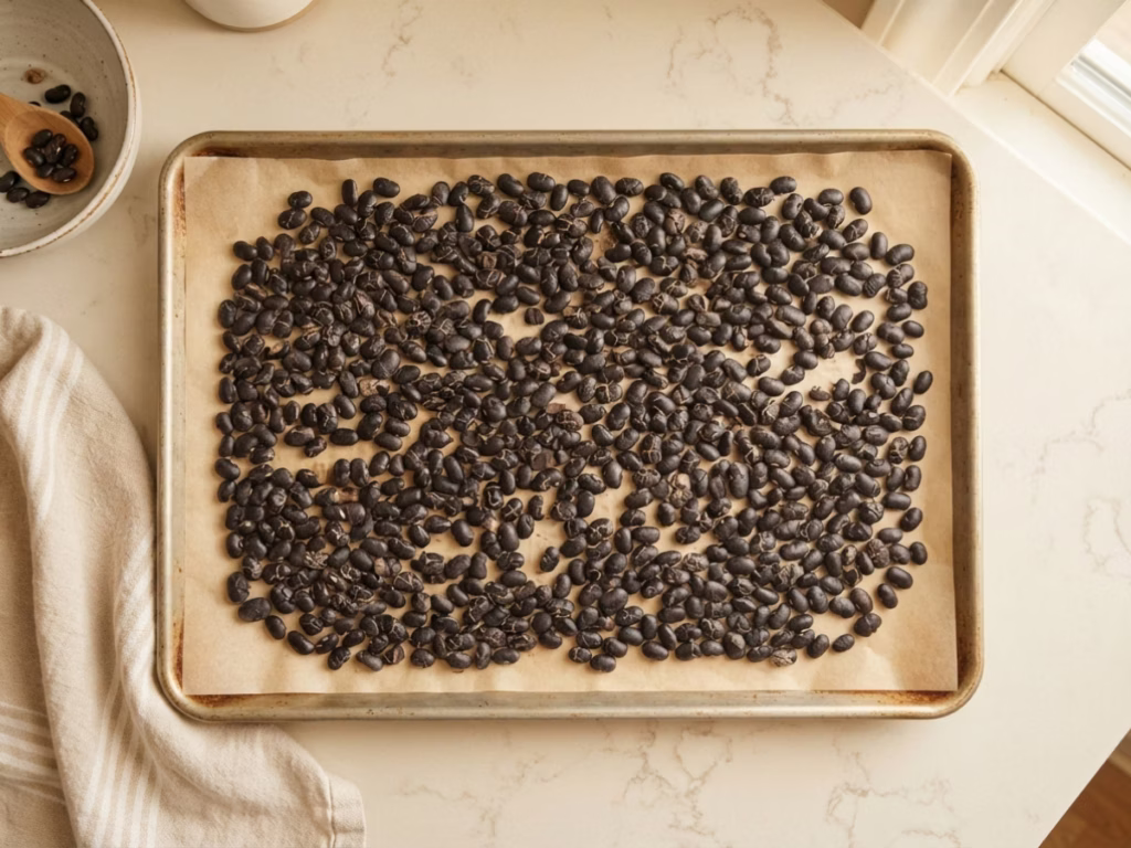 Drained black beans spread on a parchment-lined baking sheet, skins just starting to crack, ready to dry in the oven