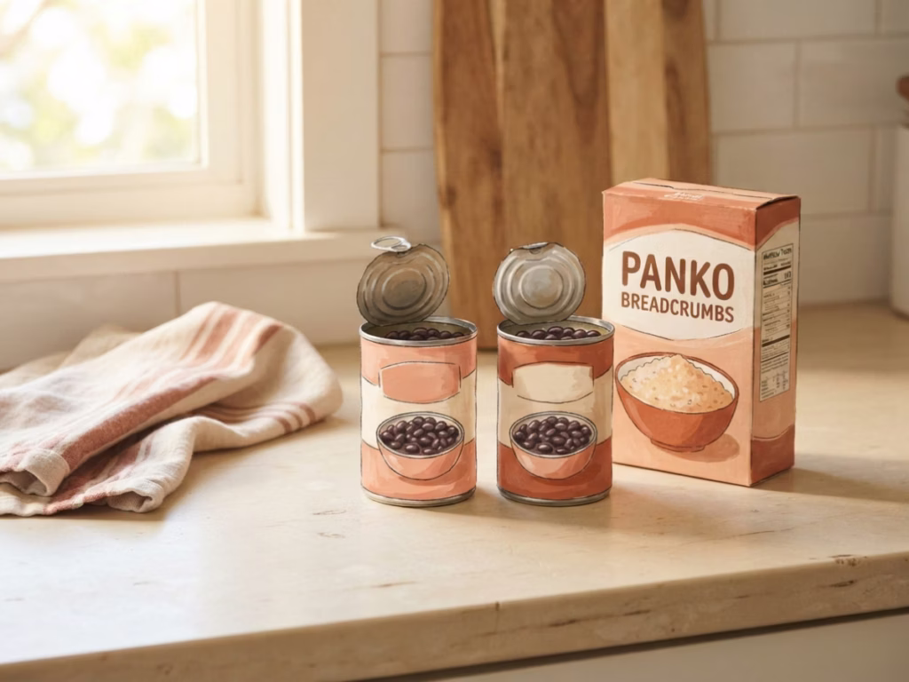 Two open cans of black beans and a box of panko breadcrumbs on a sunny kitchen counter, pantry staples for a quick dinner