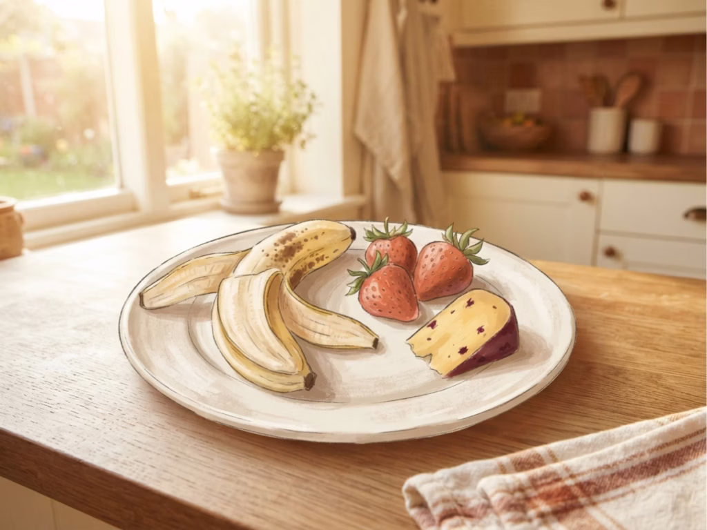Near-expiry fridge odds and ends, half banana, strawberries, and cheddar, ready to become a quick after-school snack