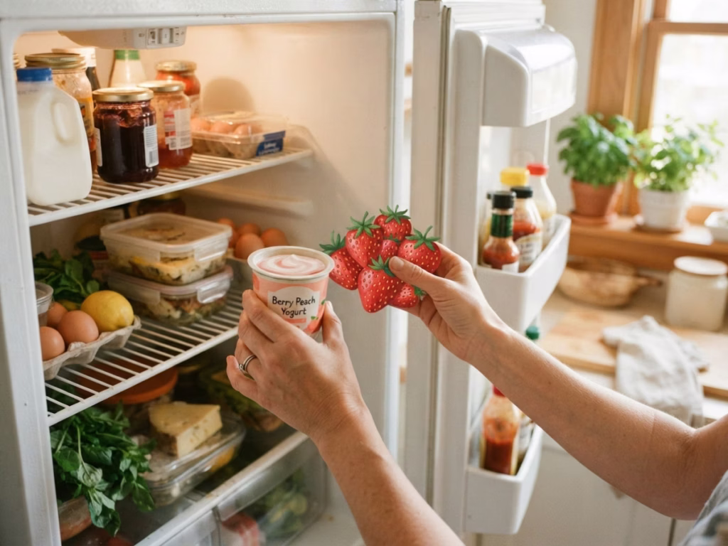 Hands reaching into an open refrigerator to pull out fresh produce for a quick after-school snack