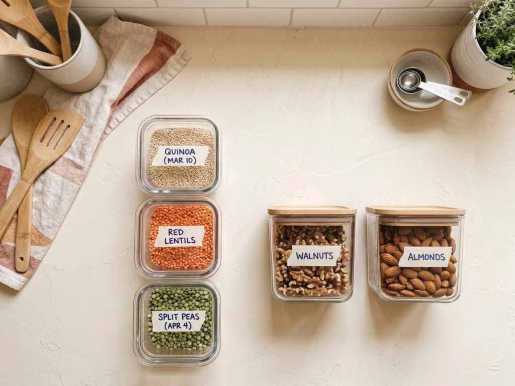 Square airtight containers stacked neatly beside round containers that won't stack, on a kitchen counter