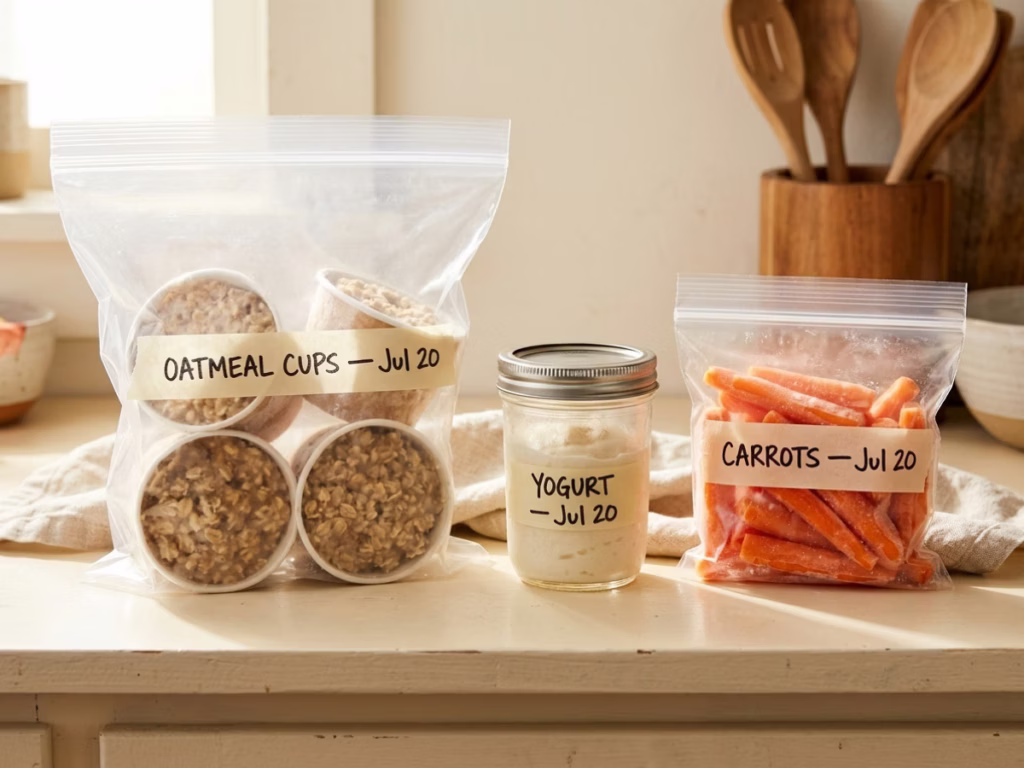 Freezer bags and mason jars labeled with masking tape showing contents and dates on a bright kitchen counter