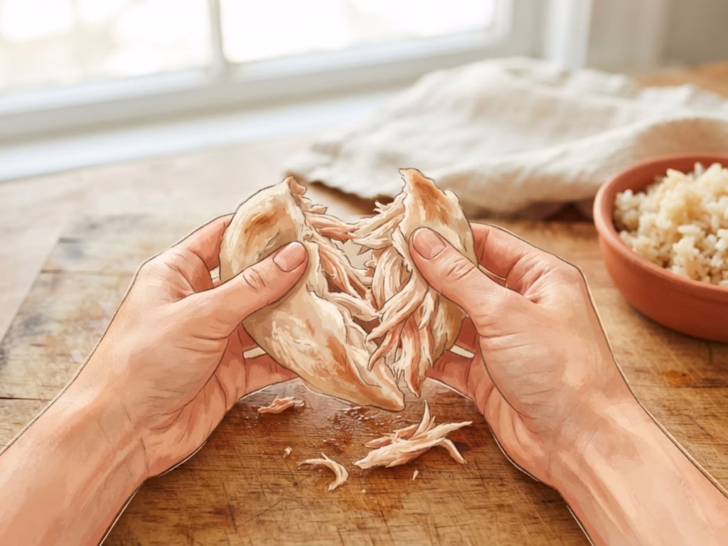 Hands shredding cooked chicken breast on a wooden board for batch cooking school lunches