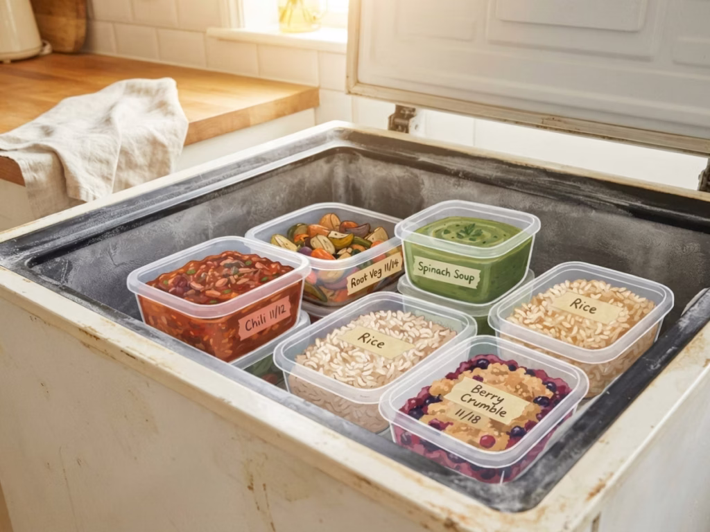 Open home freezer with labeled meal prep containers stacked neatly inside, batch-cooked lunches ready for the week