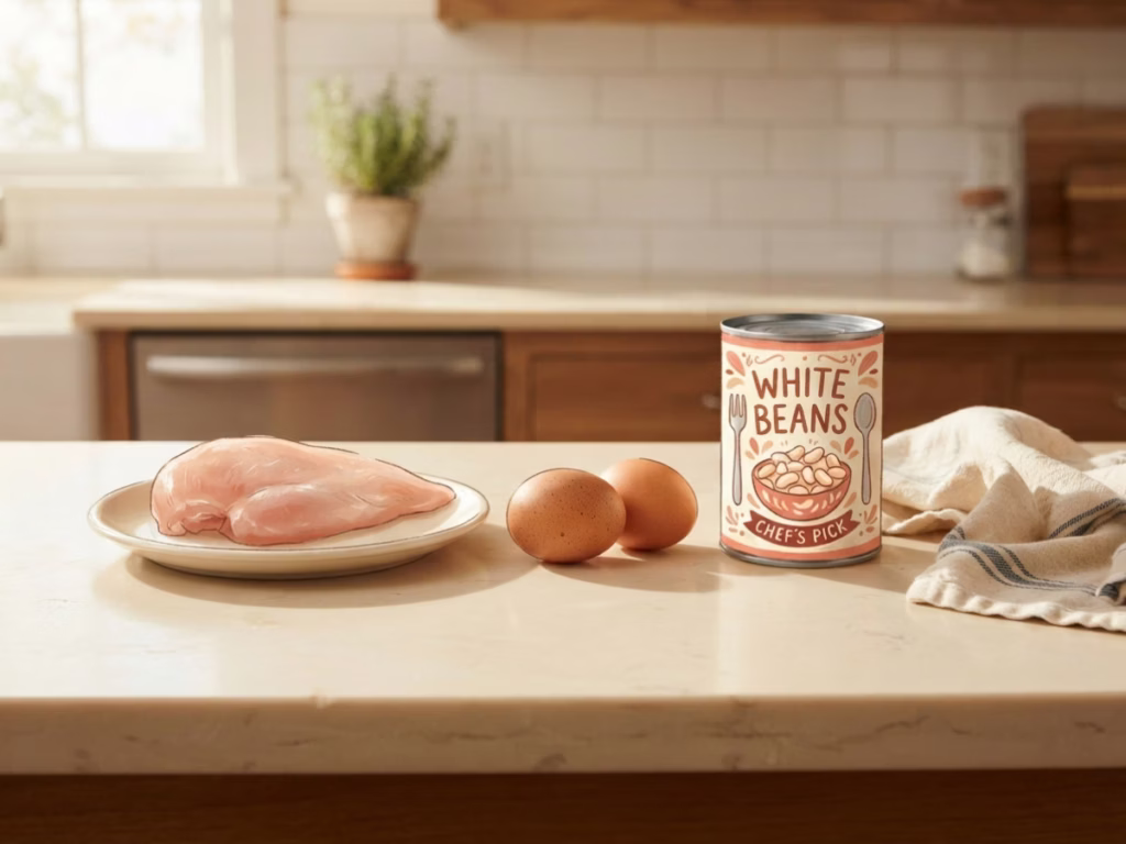 Three batch cooking starting points on a kitchen counter: raw chicken breast, two eggs, and a can of beans