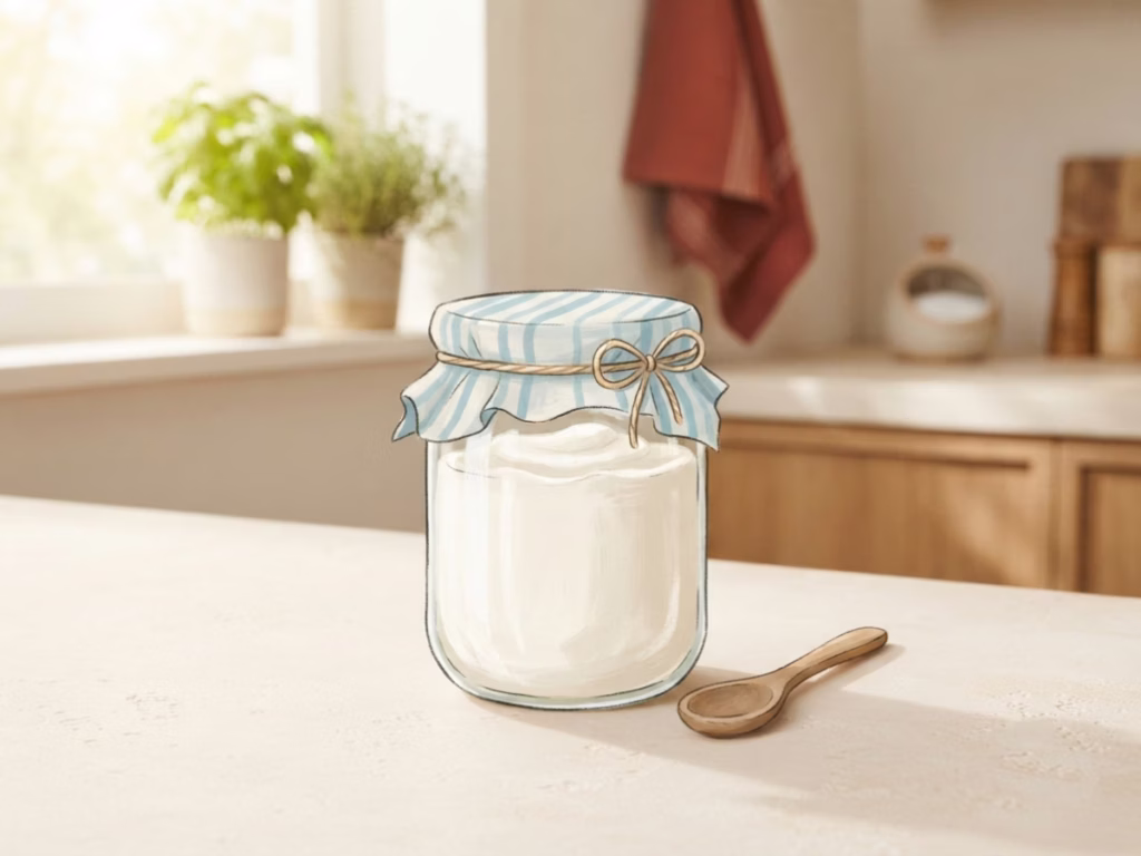 Glass jar of plain homemade yogurt on a sunny kitchen counter, cost-saving alternative to store-bought