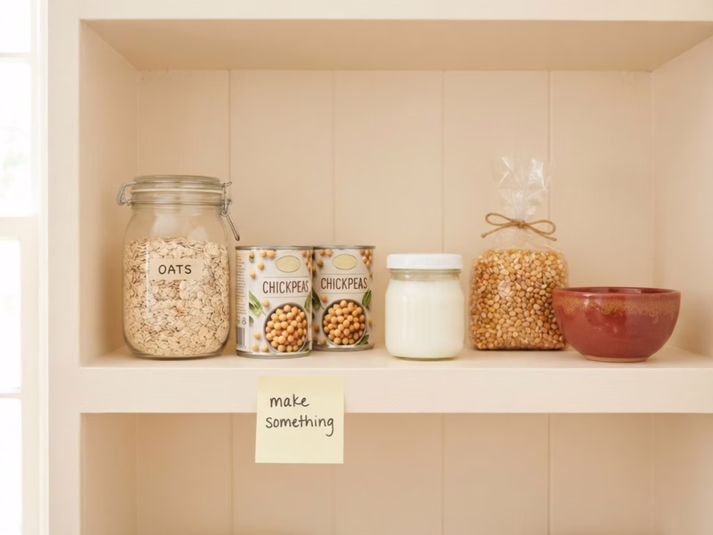 Open pantry shelf with oats, canned chickpeas, and yogurt, homemade snack ingredients already on hand