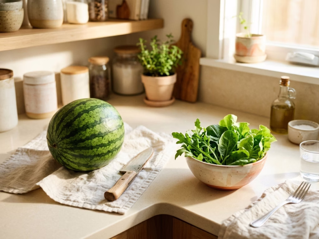 Whole watermelon resting on a bright kitchen counter beside fresh salad greens, showing correct room-temperature melon storage