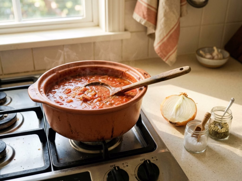 A pot of homemade soup on a bright stovetop with pantry staples, onion, canned tomatoes, spice jars, alongside