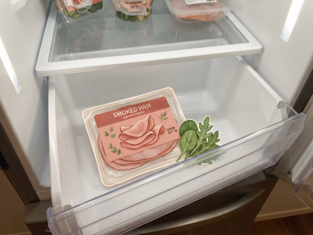 Close-up of a refrigerator crisper drawer with packaged deli meat inside, bright cool fridge light