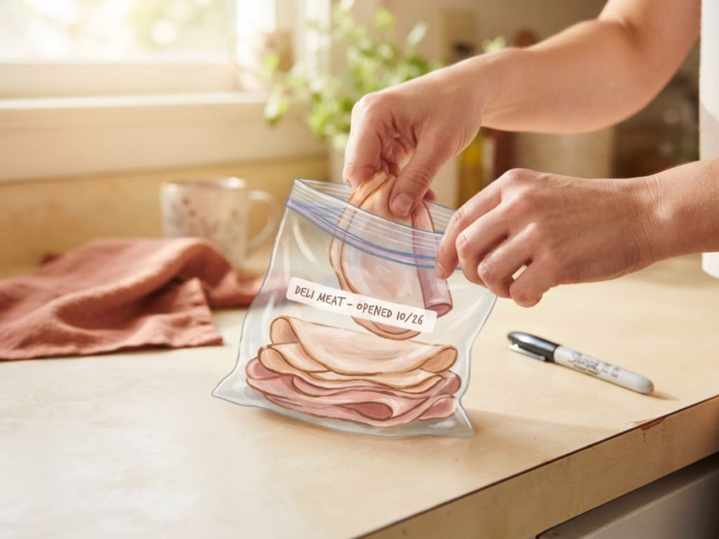 Hands placing sliced deli meat into a zip-lock freezer bag on a bright kitchen counter