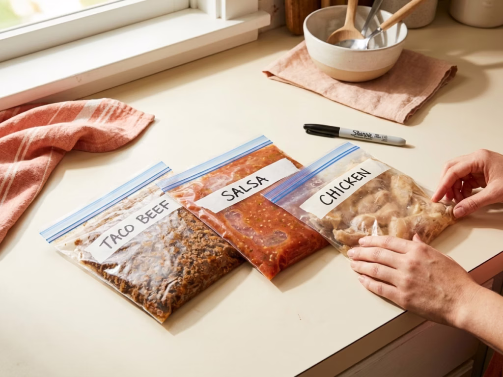 Labeled freezer bags of portioned cooked meat and salsa on a sunny kitchen counter ready to freeze