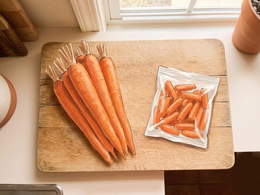 Whole carrots beside a bag of pre-cut baby carrots on a bright kitchen counter, showing the cost comparison