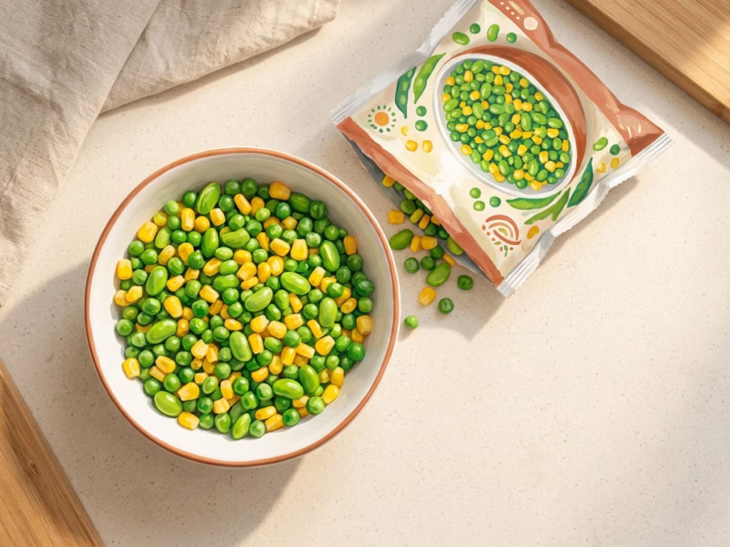 Bright bowl of frozen peas, corn, and edamame on a sunny kitchen counter, colourful and fresh-looking