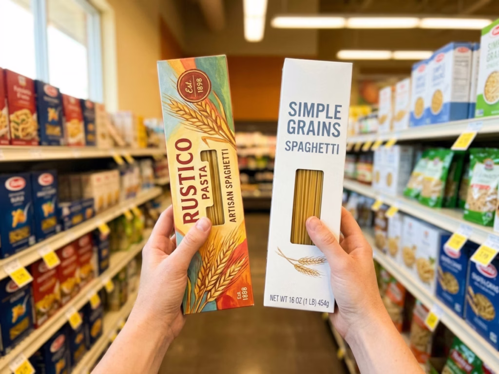 Hands comparing two boxes of pasta in a grocery store aisle, one branded and one store-brand