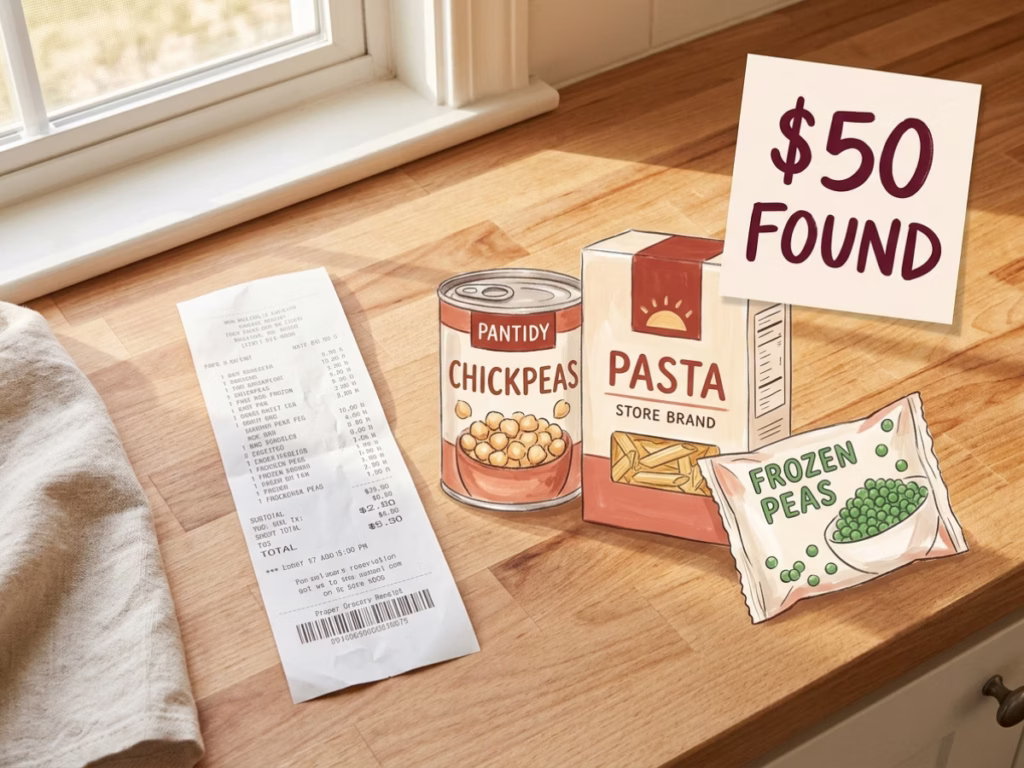 Grocery receipt beside pantry staples and a handwritten note reading $50 Found on a bright kitchen counter