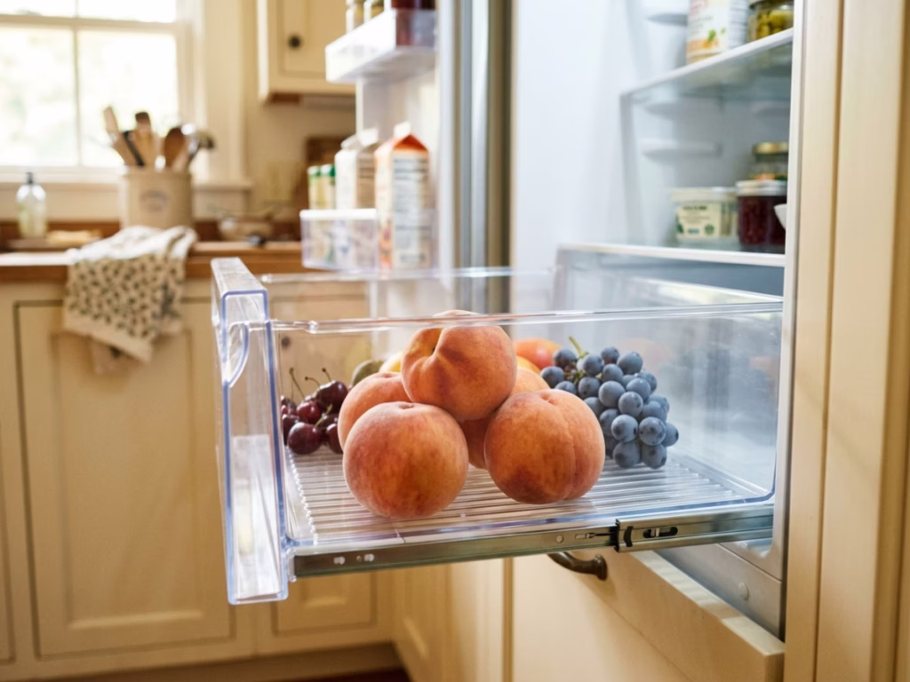 Open refrigerator crisper drawer with fresh peaches inside, casual real-kitchen setting
