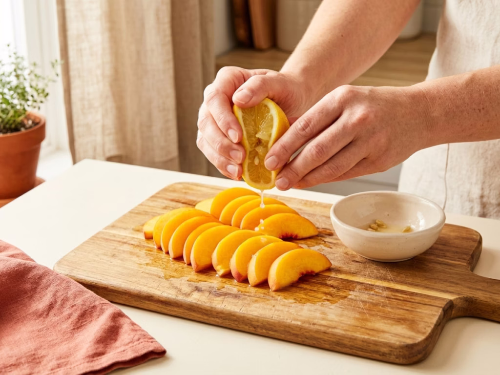 Hands squeezing lemon juice over sliced peaches on a wooden cutting board, bright kitchen morning light