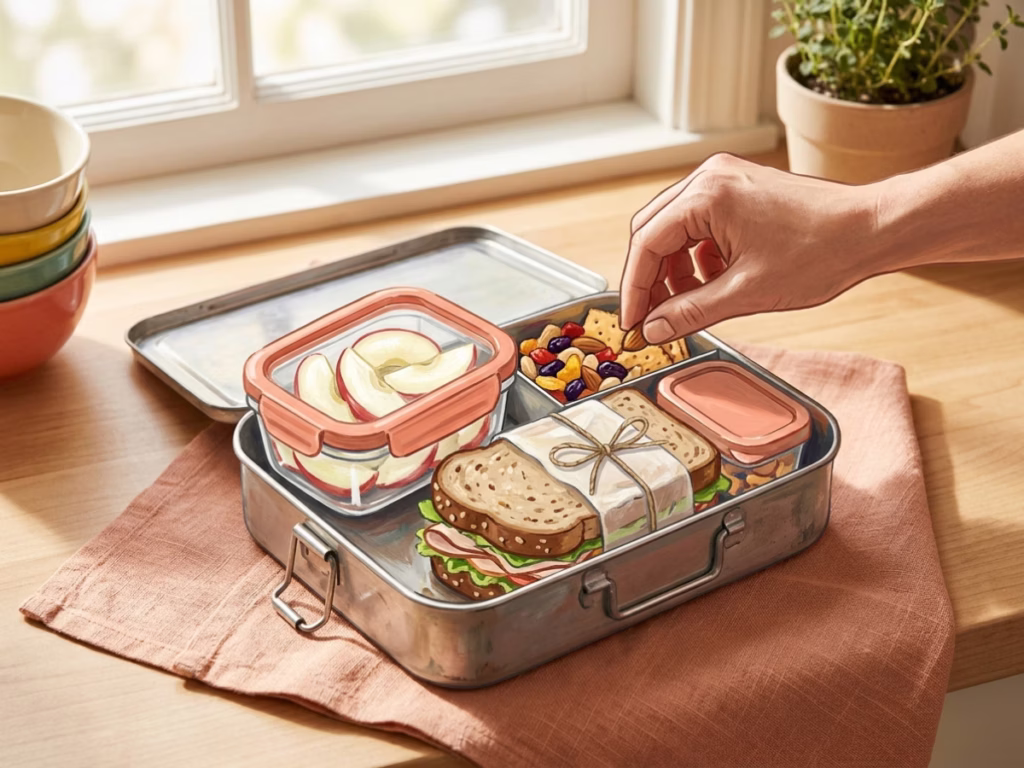 Packed kids lunchbox with bright fresh apple slices and a small airtight container