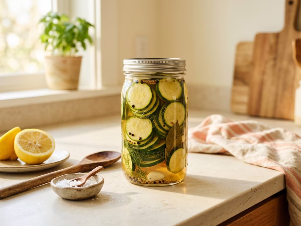 A mason jar of quick-pickled zucchini slices with visible spices, bright kitchen counter, homemade and cheerful