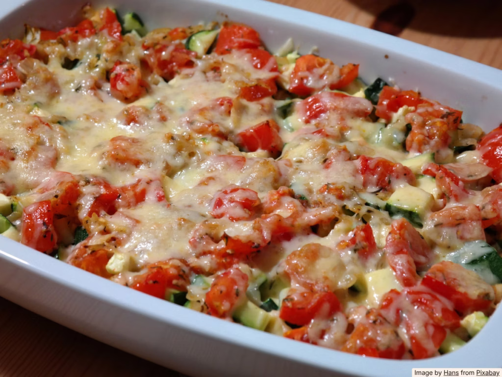 Mexican chip casserole with black beans and melted cheese in a baking dish fresh from the oven
