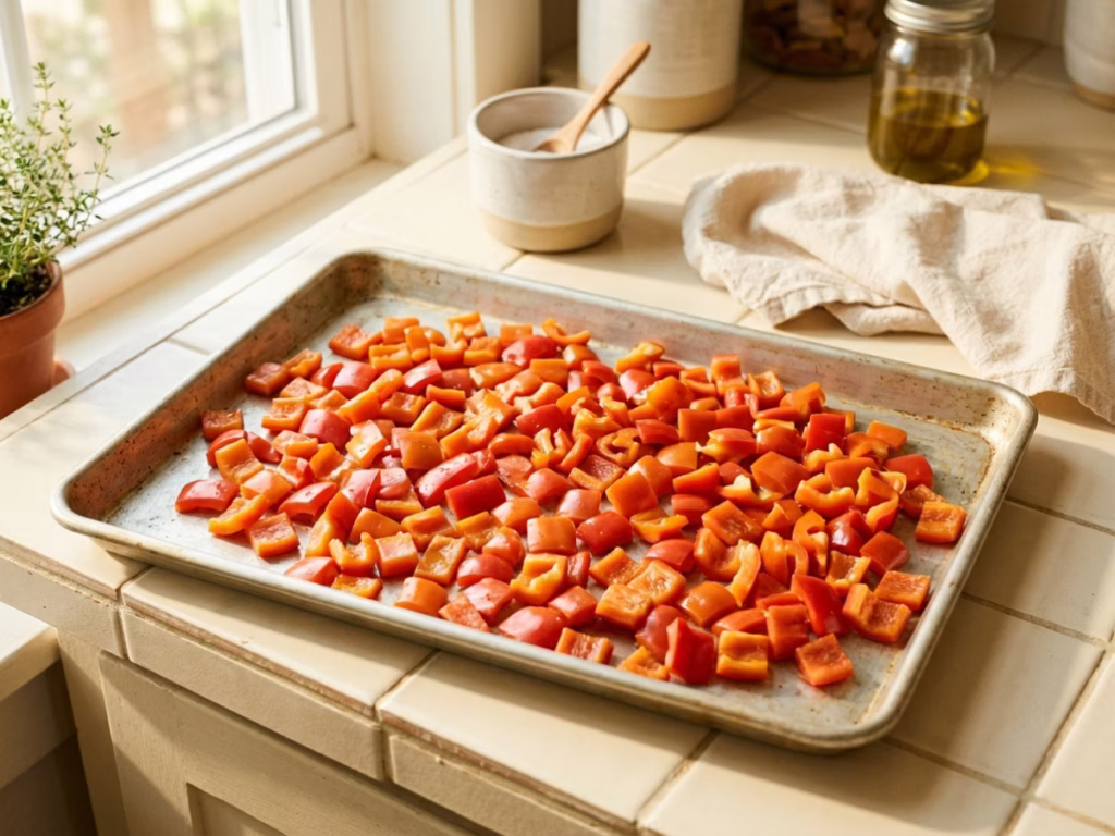 Diced bell pepper pieces spread in a single layer on a baking sheet for flash freezing