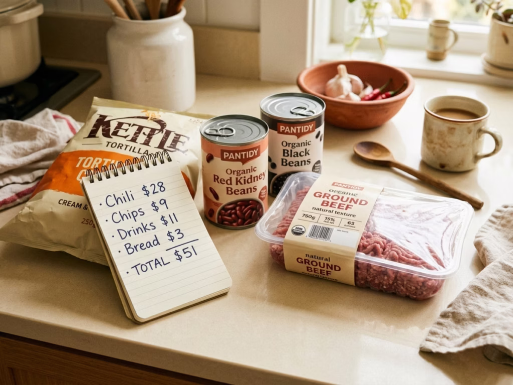 Handwritten $50 party budget breakdown on a notepad next to grocery items, chips, canned beans, and ground beef