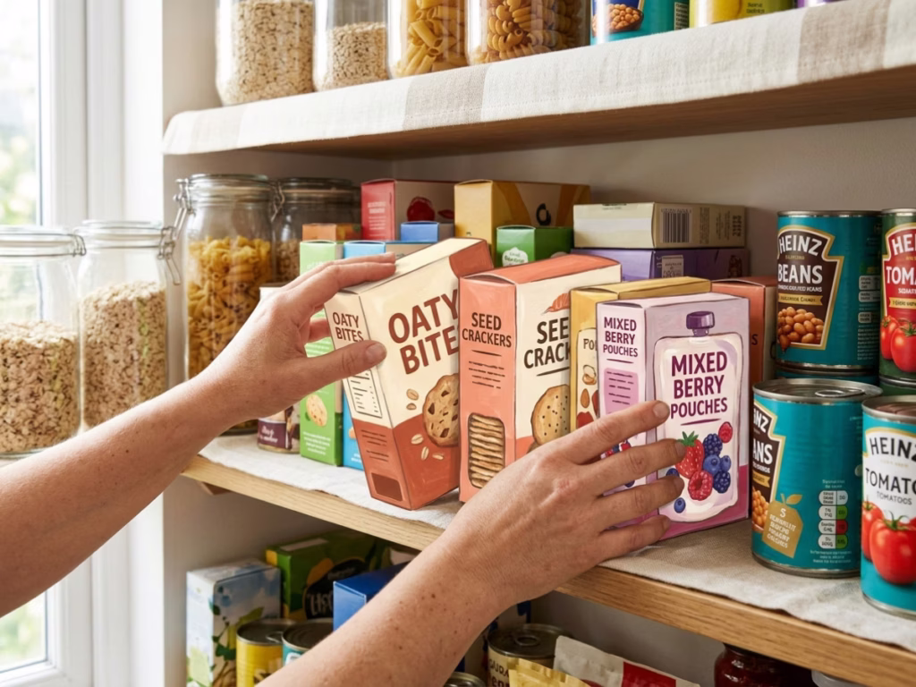Hands pulling snack boxes forward from a pantry shelf to check inventory before grocery shopping