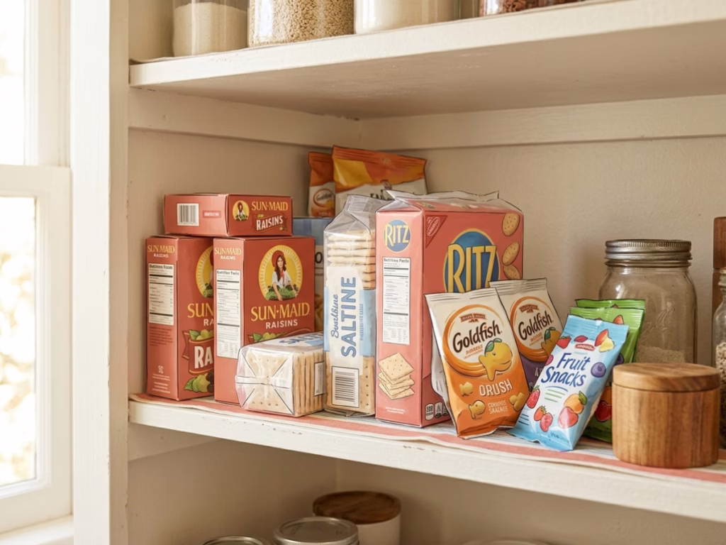 Pantry shelf stacked with snack pouches, crackers, and raisins showing duplicate grocery purchases